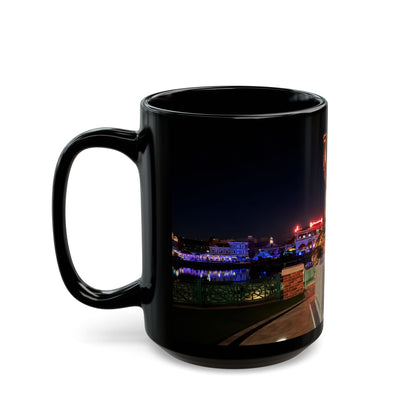 The Simpsons Photo Mug — University Statue & Campus Lights (Black 11oz/15oz)
