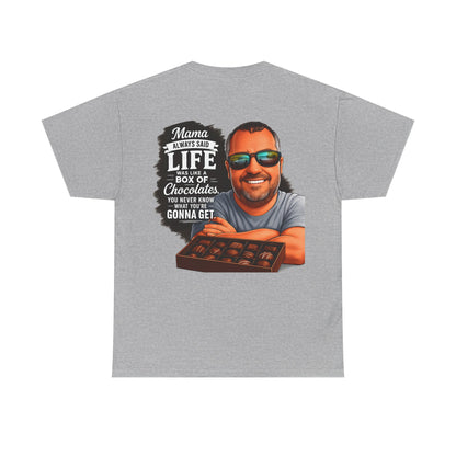 T-Shirt — "Mama Always Said Life Is Like A Box Of Chocolates" Graphic Tee (Funny Retro Portrait)