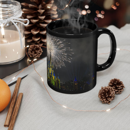 Fireworks MK Castle Black Mug — Nighttime Theme Park Coffee Cup (11oz/15oz)