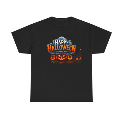 Halloween Horror Movie Characters T-Shirt — "Happy Halloween" Pumpkin & Slasher Collage Tee