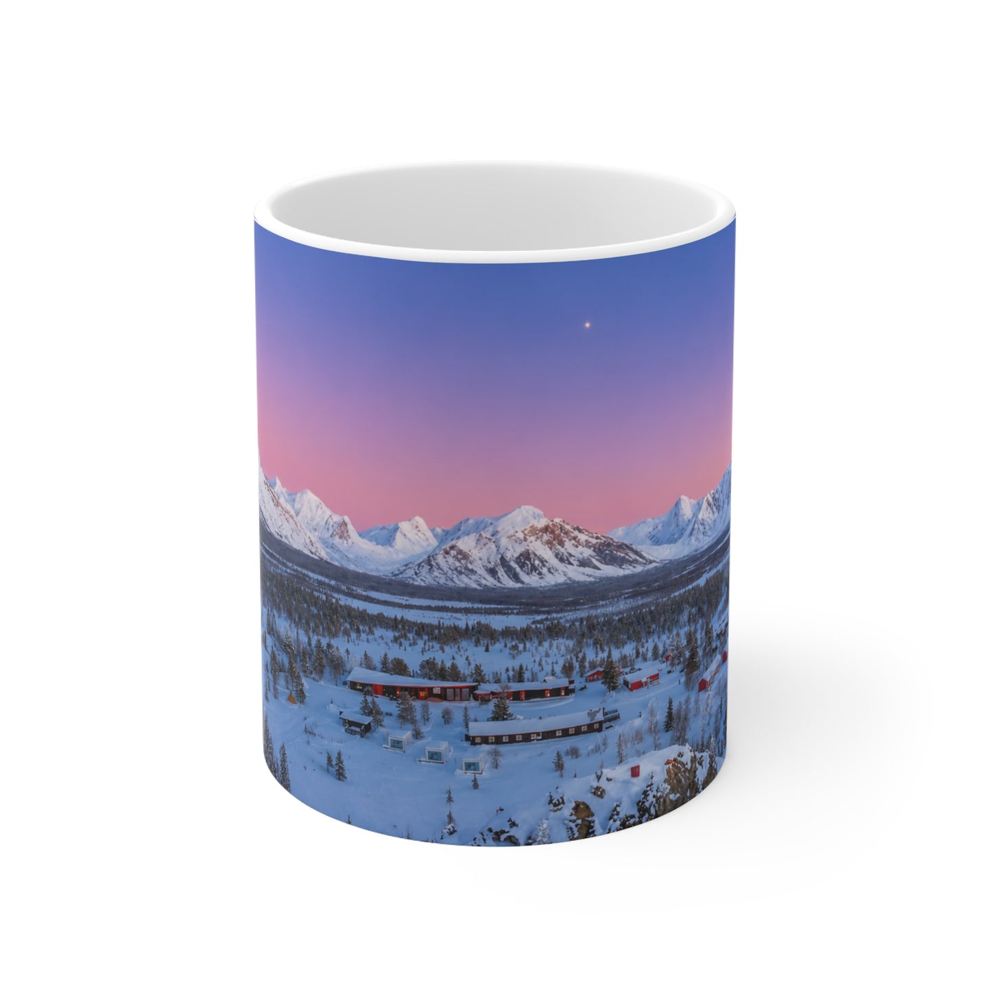 Scenic Winter Mountain Mug — Snowy Lodge Sunrise Ceramic Coffee Cup (11oz & 15oz)