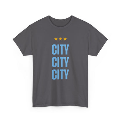 Manchester City City City Tee — Minimal Skyline Graphic T‑Shirt with Three Stars