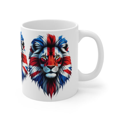 Union Jack 3 Lions Mug — British Flag Ceramic Coffee Cup (11oz & 15oz)