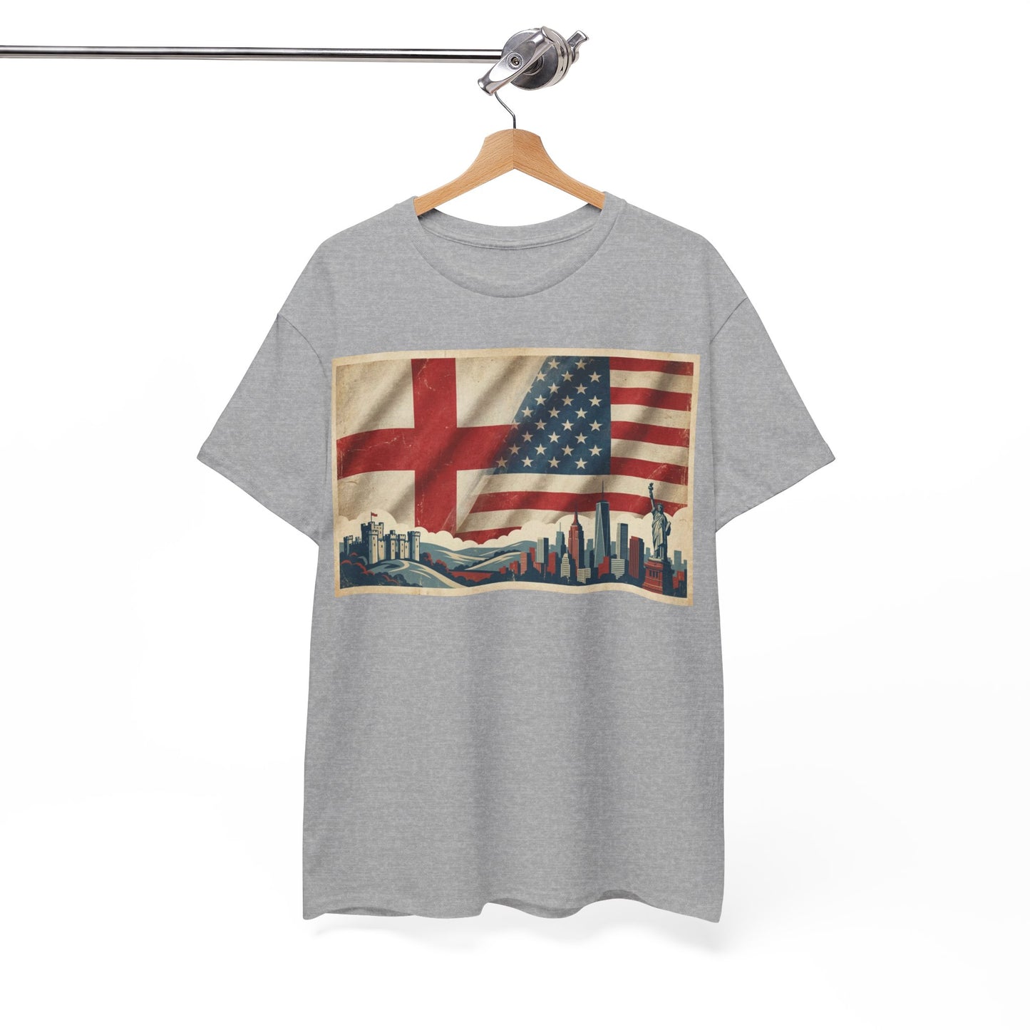 England + USA Flag Skyline T-Shirt — Vintage London & New York City Pride Tee