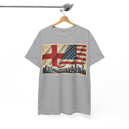 England + USA Flag Skyline T-Shirt — Vintage London & New York City Pride Tee