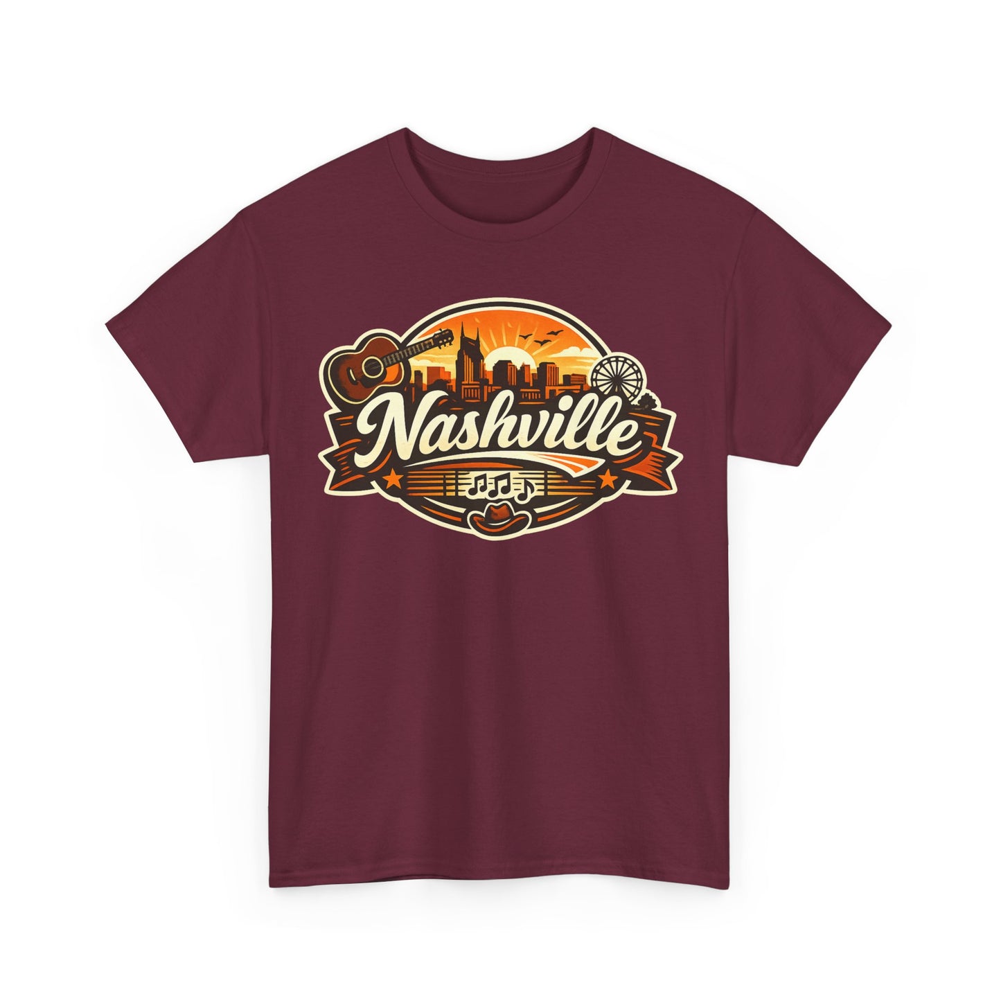Nashville Skyline Guitar Tee – Retro Music City Souvenir Shirt