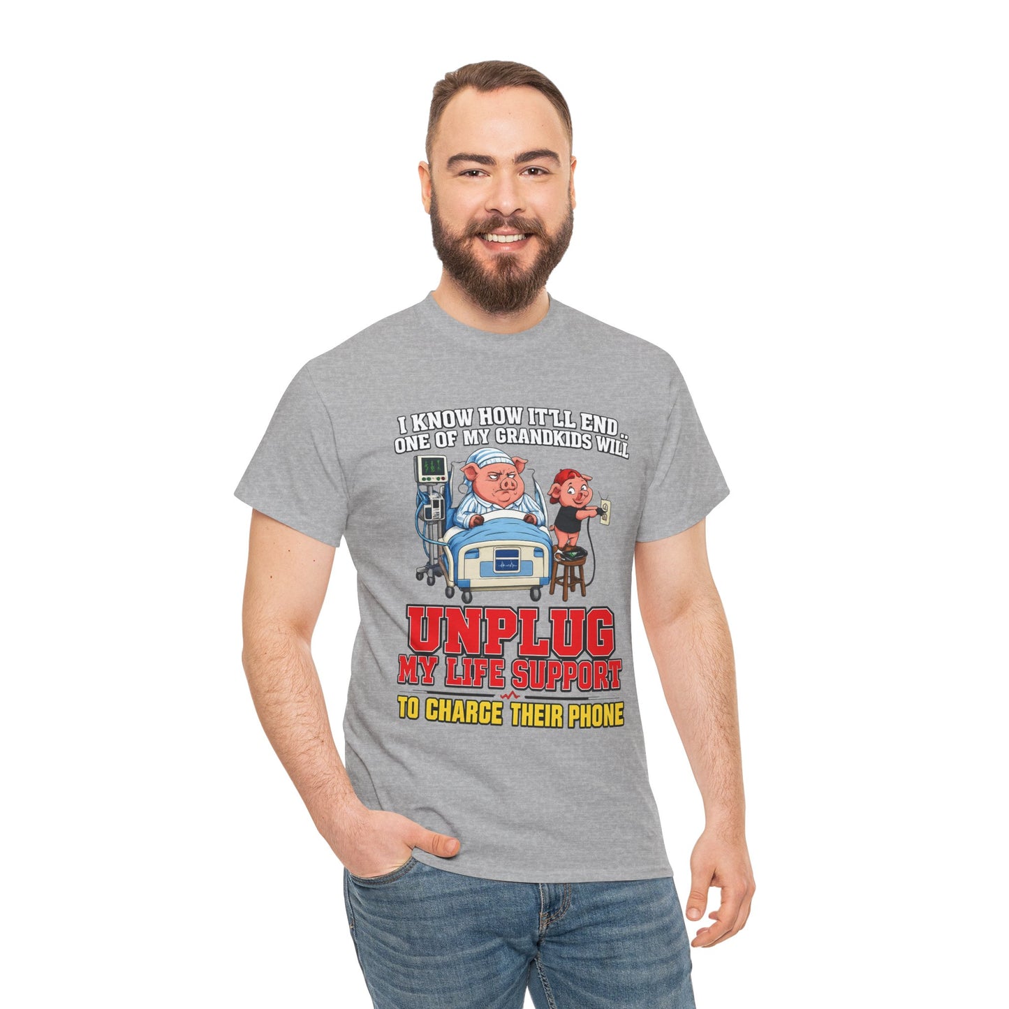 Funny Grandpa T-Shirt - "Unplug My Life Support to Charge Their Phone" Grandpa Humor Tee