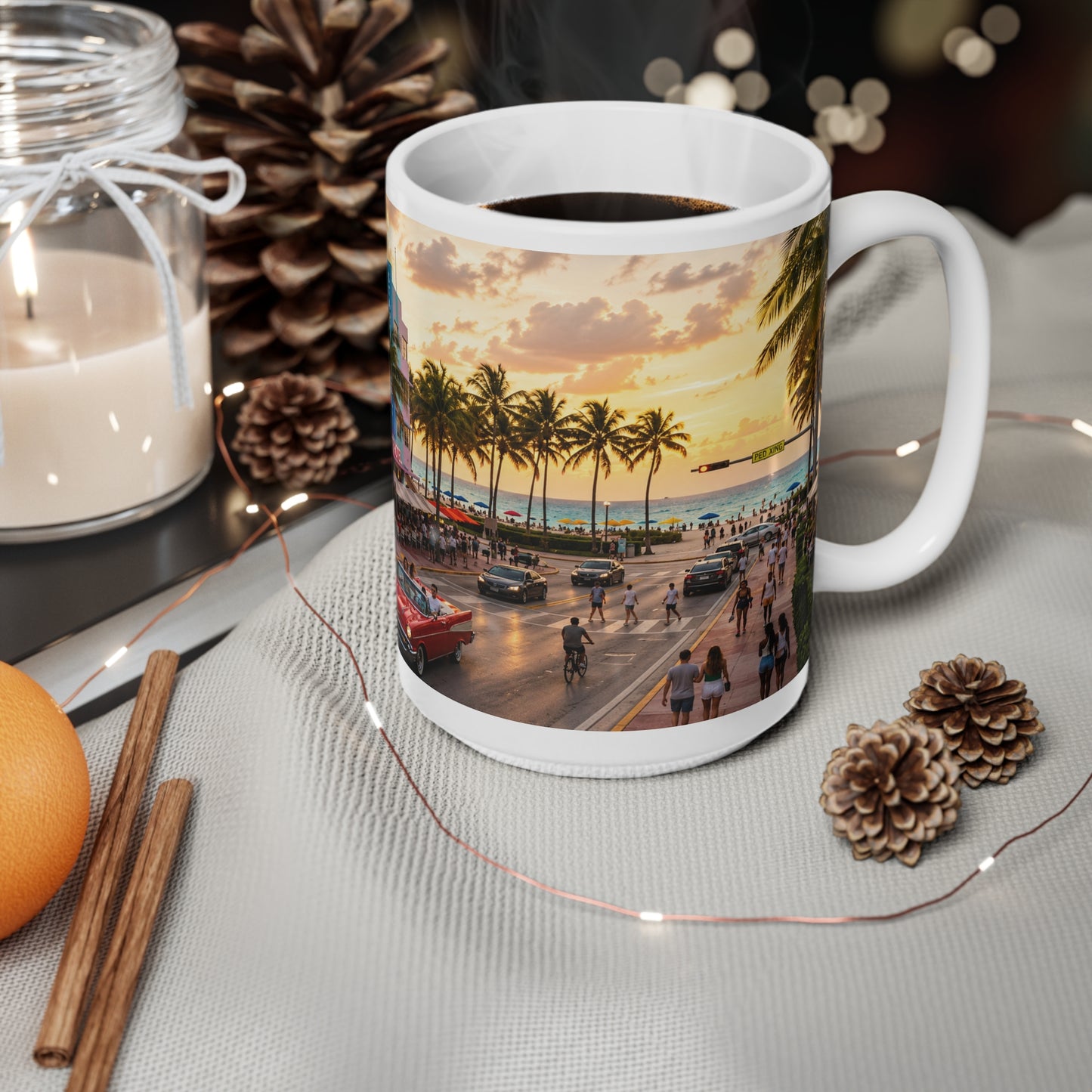 Miami Beach Sunset Coffee Mug — Ocean Drive Retro Car & Art Deco Hotel Design (11oz/15oz)