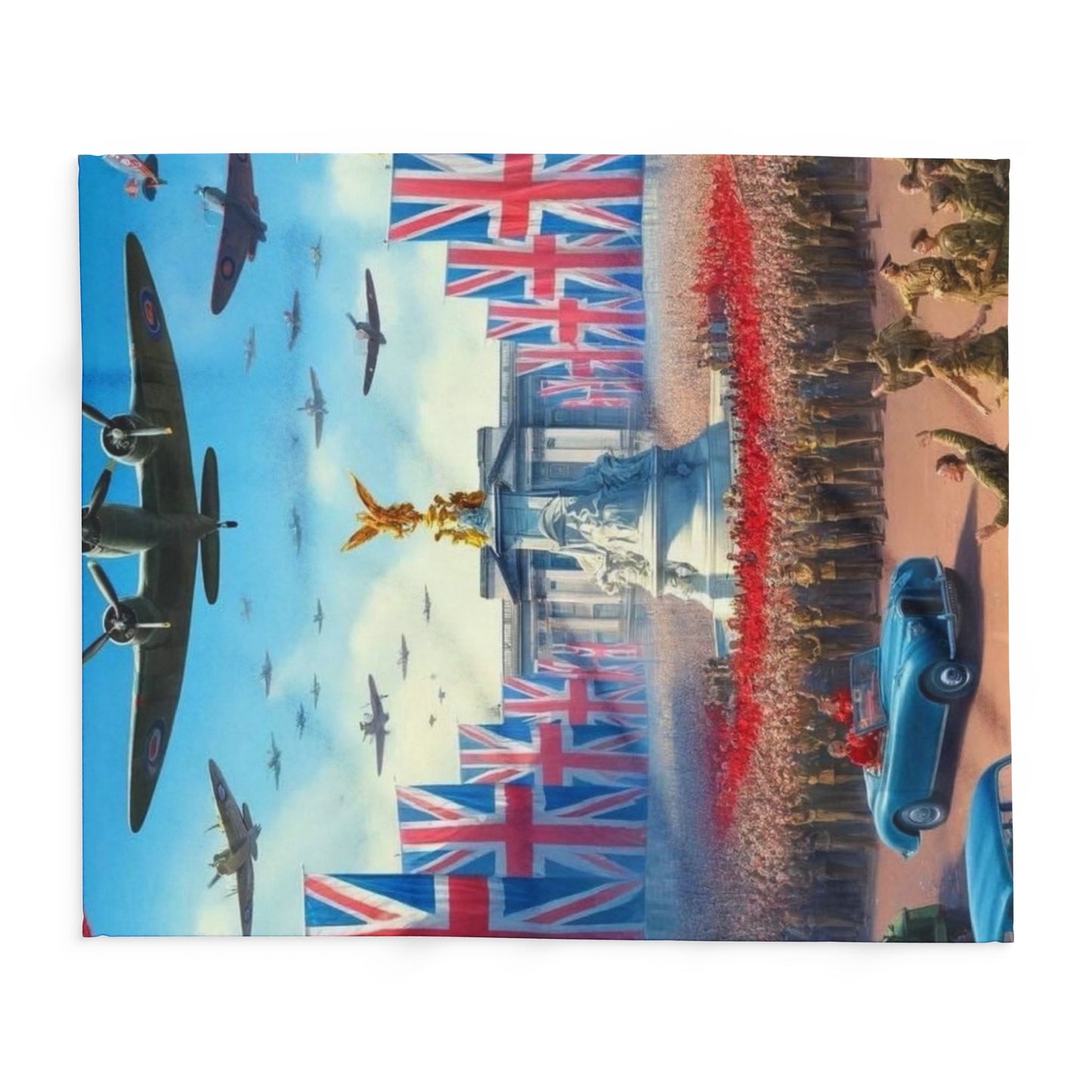 Union Jack Victory Fleece Blanket — Vintage WWII London Memorial Scene