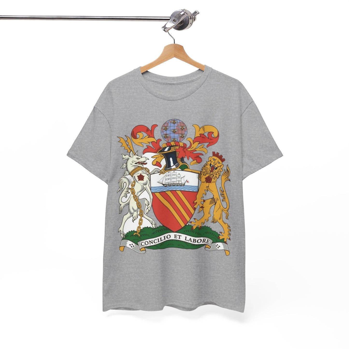 Manchester Coat of Arms Crest T‑Shirt — Heraldic Family Shield Tee with 'Concilio et Labore' Banner