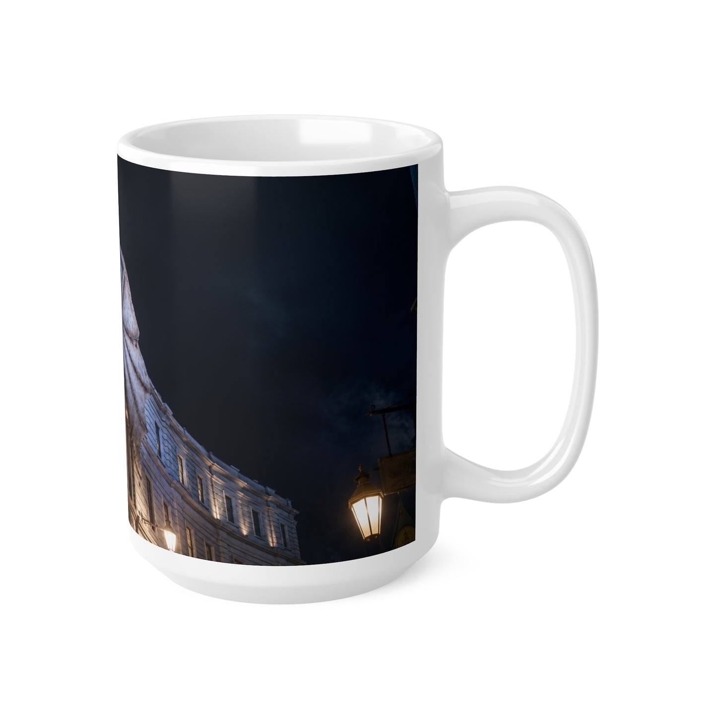 Dragon Perched on Rooftop Ceramic Coffee Mug — Gothic Night Fantasy 11oz/15oz