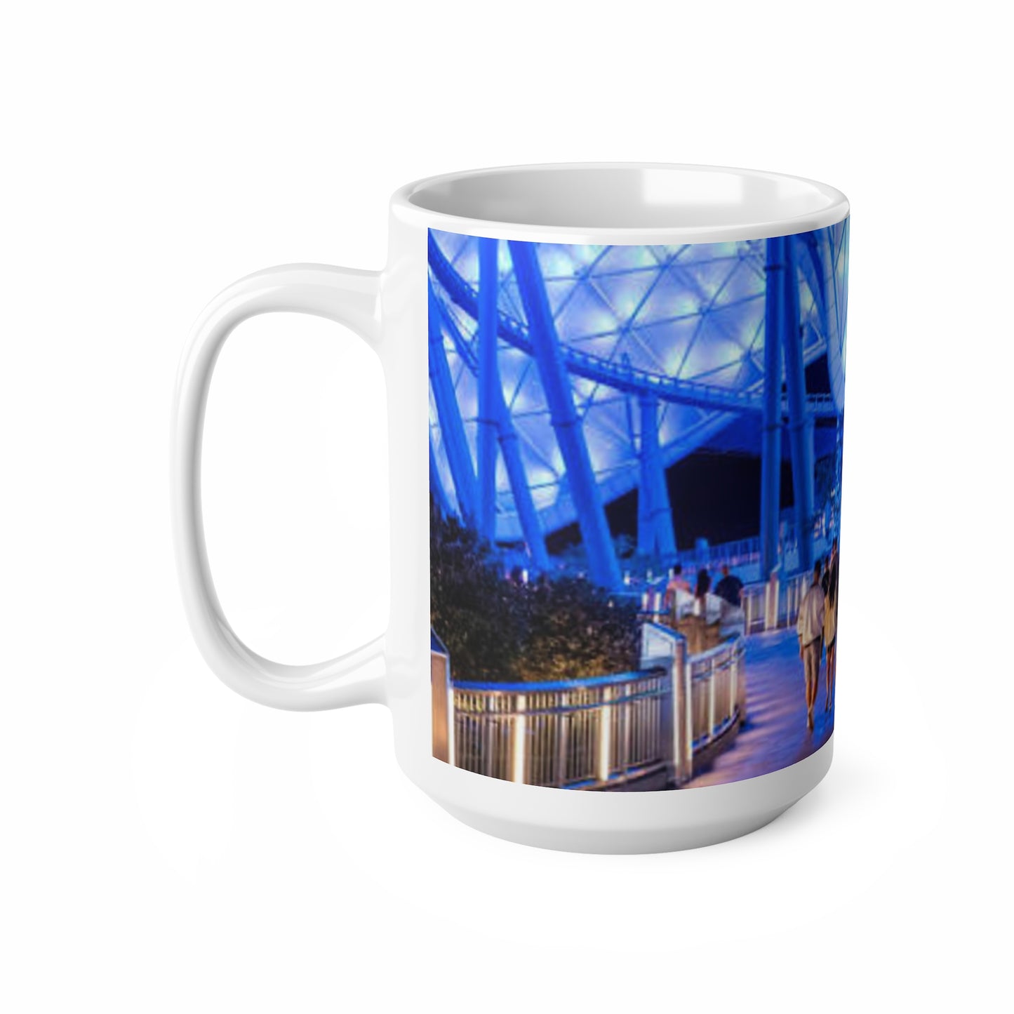Blue Neon Cityscape Mug — Vibrant Nighttime Urban Photography Ceramic Coffee Cup (11oz & 15oz)