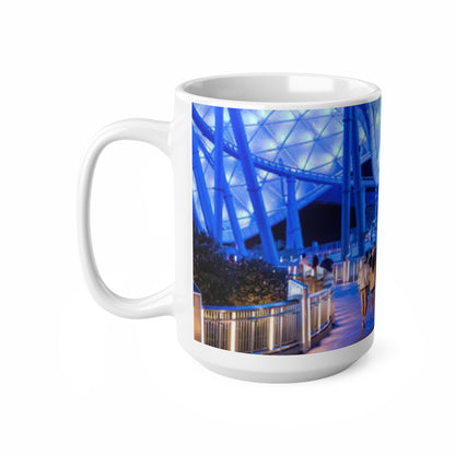 Blue Neon Cityscape Mug — Vibrant Nighttime Urban Photography Ceramic Coffee Cup (11oz & 15oz)