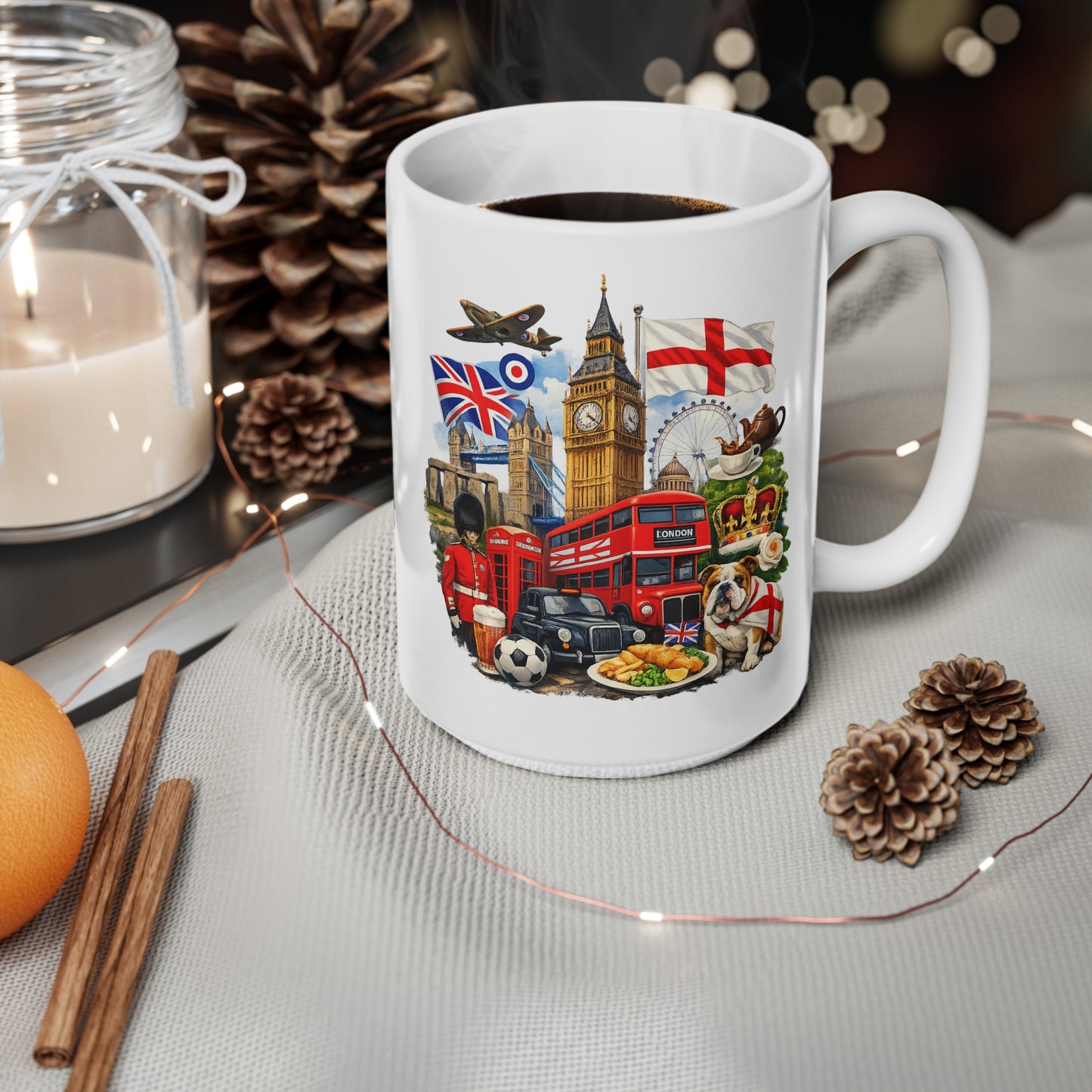 London Icons Ceramic Coffee Mug — London Landmarks & Union Jack Design (11oz, 15oz)