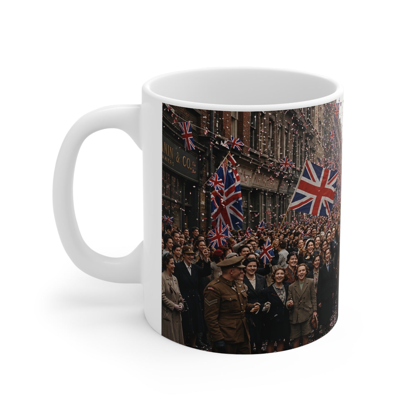 Union Jack Street Parade Mug — Vintage British Crowd Scene Ceramic Coffee Cup (11oz, 15oz)