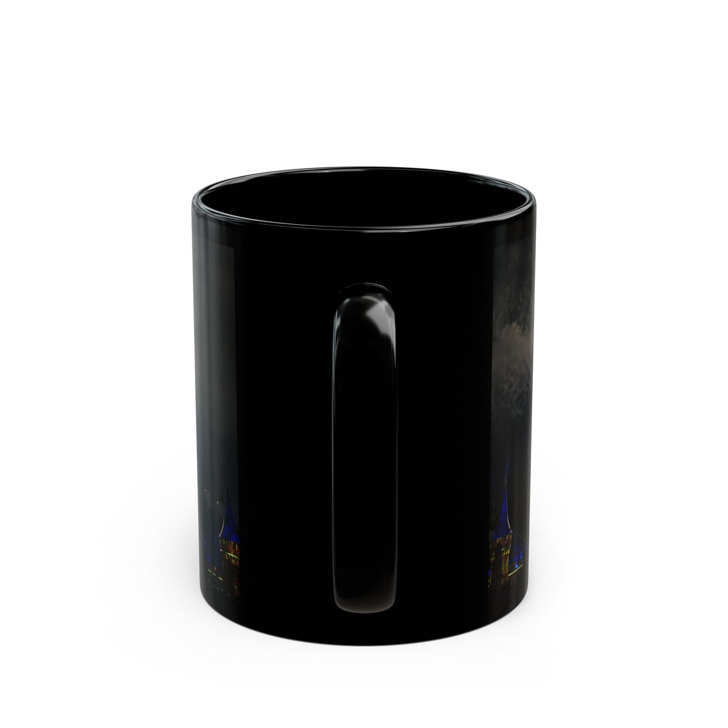 Fireworks MK Castle Black Mug — Nighttime Theme Park Coffee Cup (11oz/15oz)