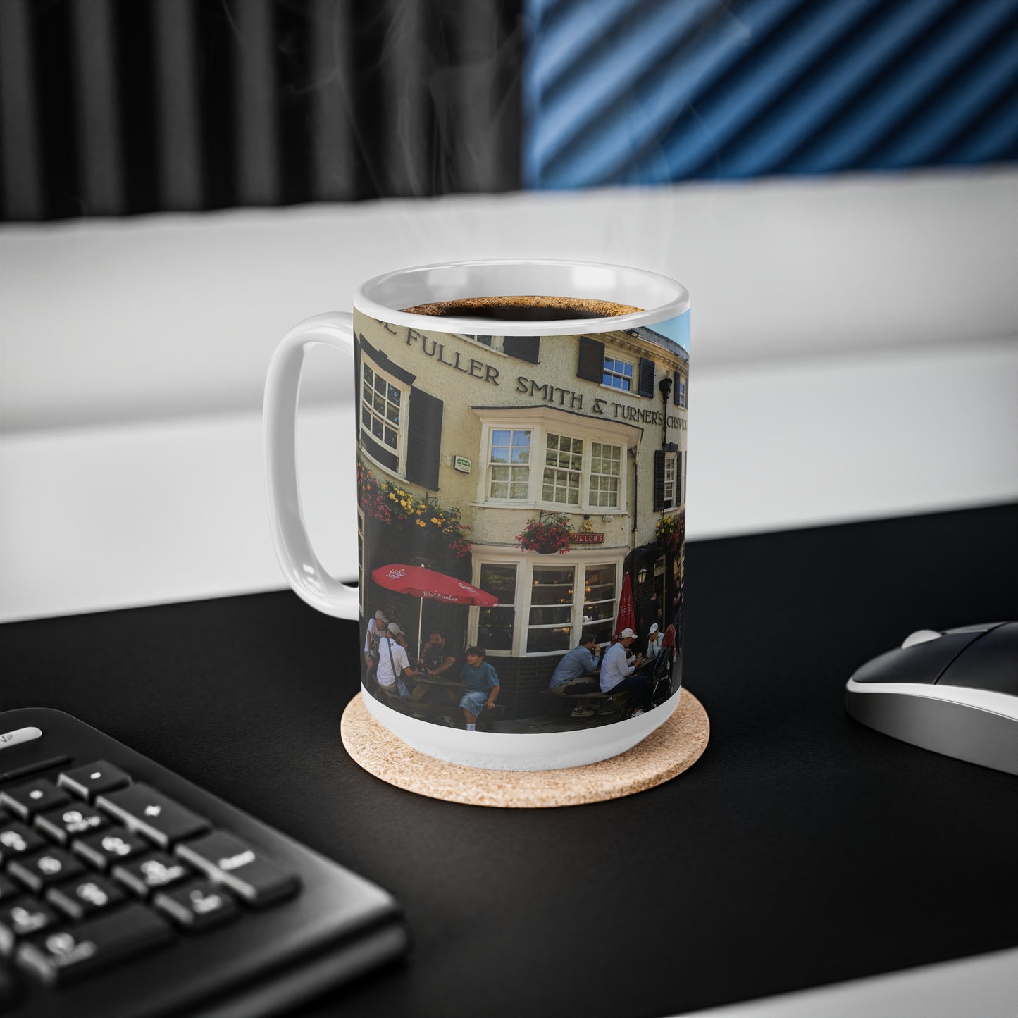 Richmond Ted Lasso Vintage English Pub Street Scene Mug – Café Outdoor Seating Photo Ceramic Coffee Cup (11oz & 15oz)