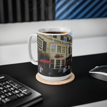 Richmond Ted Lasso Vintage English Pub Street Scene Mug – Café Outdoor Seating Photo Ceramic Coffee Cup (11oz & 15oz)