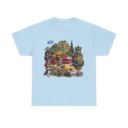 Scotland / Edinburgh Travel Collage T-Shirt — Edinburgh Castle, Bagpipes & Local Icons
