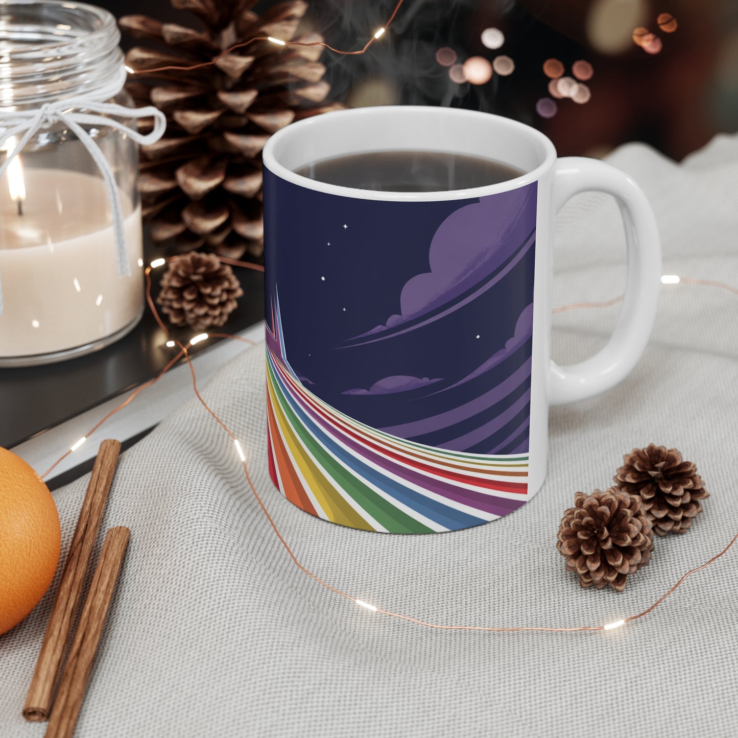 Rainbow Space Mountain Mug — Retro Rainbow Road Ceramic Coffee Cup (11oz & 15oz)