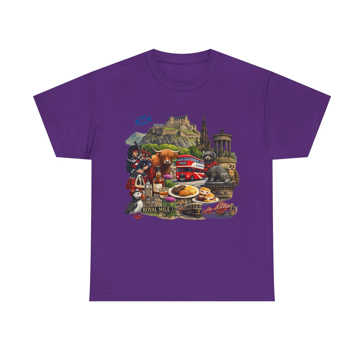 Scotland / Edinburgh Travel Collage T-Shirt — Edinburgh Castle, Bagpipes & Local Icons