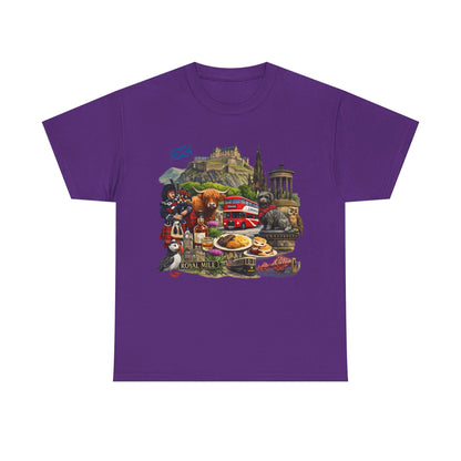 Scotland / Edinburgh Travel Collage T-Shirt — Edinburgh Castle, Bagpipes & Local Icons