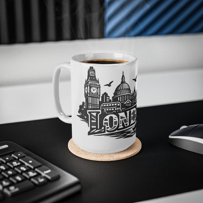 London Skyline Ceramic Mug — Black & White Cityscape Coffee Cup (11oz, 15oz)