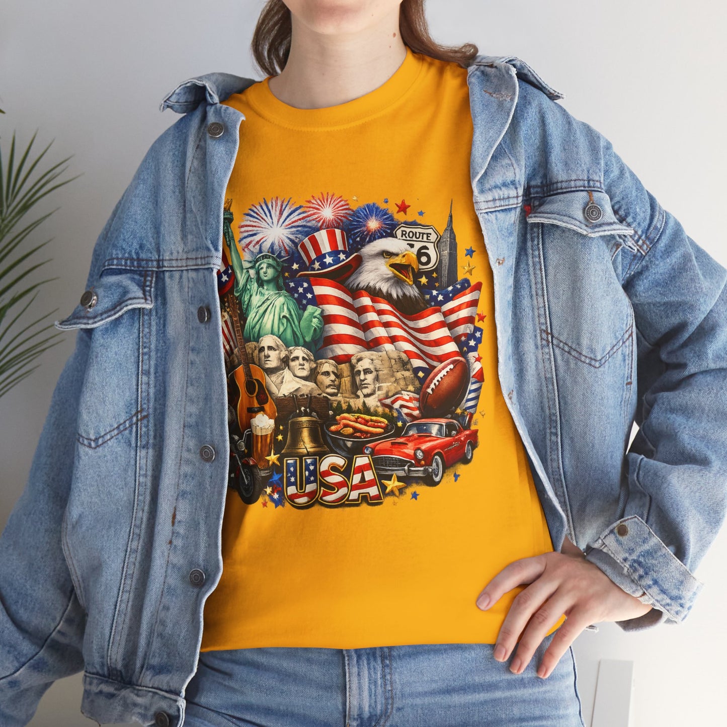 Patriotic USA Graphic Tee – American Flag, Statue of Liberty & Fireworks T-Shirt