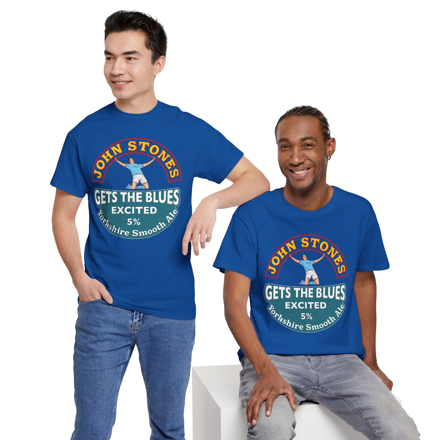 John Stones T-Shirt — "Gets The Blues Excited" Retro Ale Parody Tee