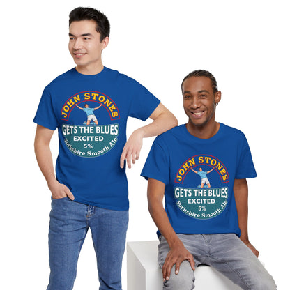 John Stones T-Shirt — "Gets The Blues Excited" Retro Ale Parody Tee
