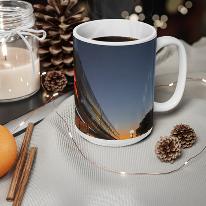 WDW Monorail Nightscape Ceramic Mug — Modern Curved Building Photo (11oz & 15oz)