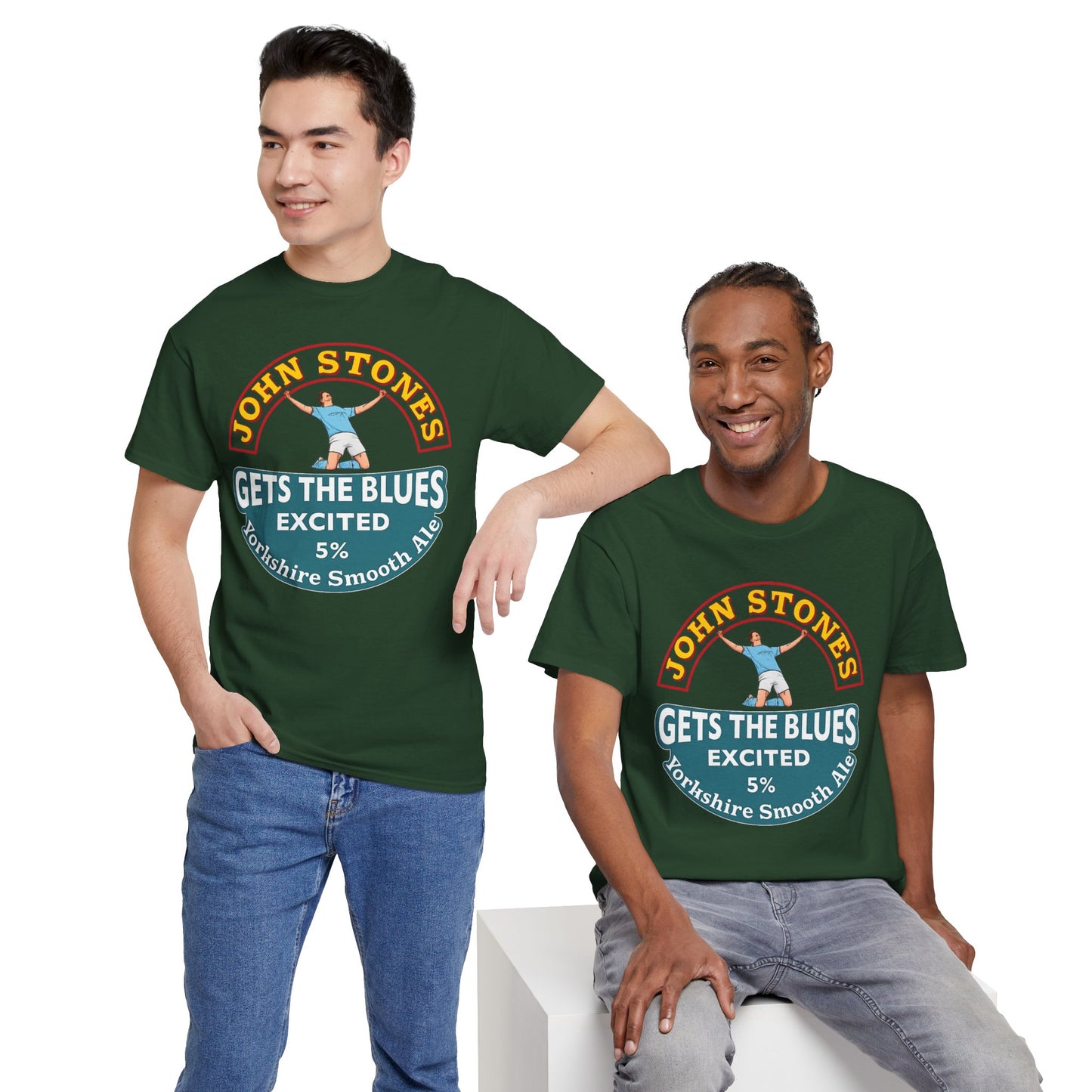 John Stones T-Shirt — "Gets The Blues Excited" Retro Ale Parody Tee