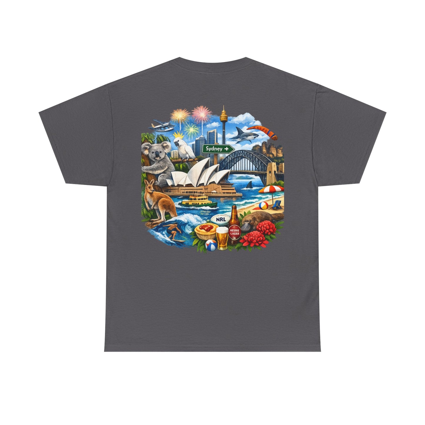 T-Shirt — Sydney Landmark Collage Tee (Opera House, Harbour Bridge, Koala & Beach Scene)