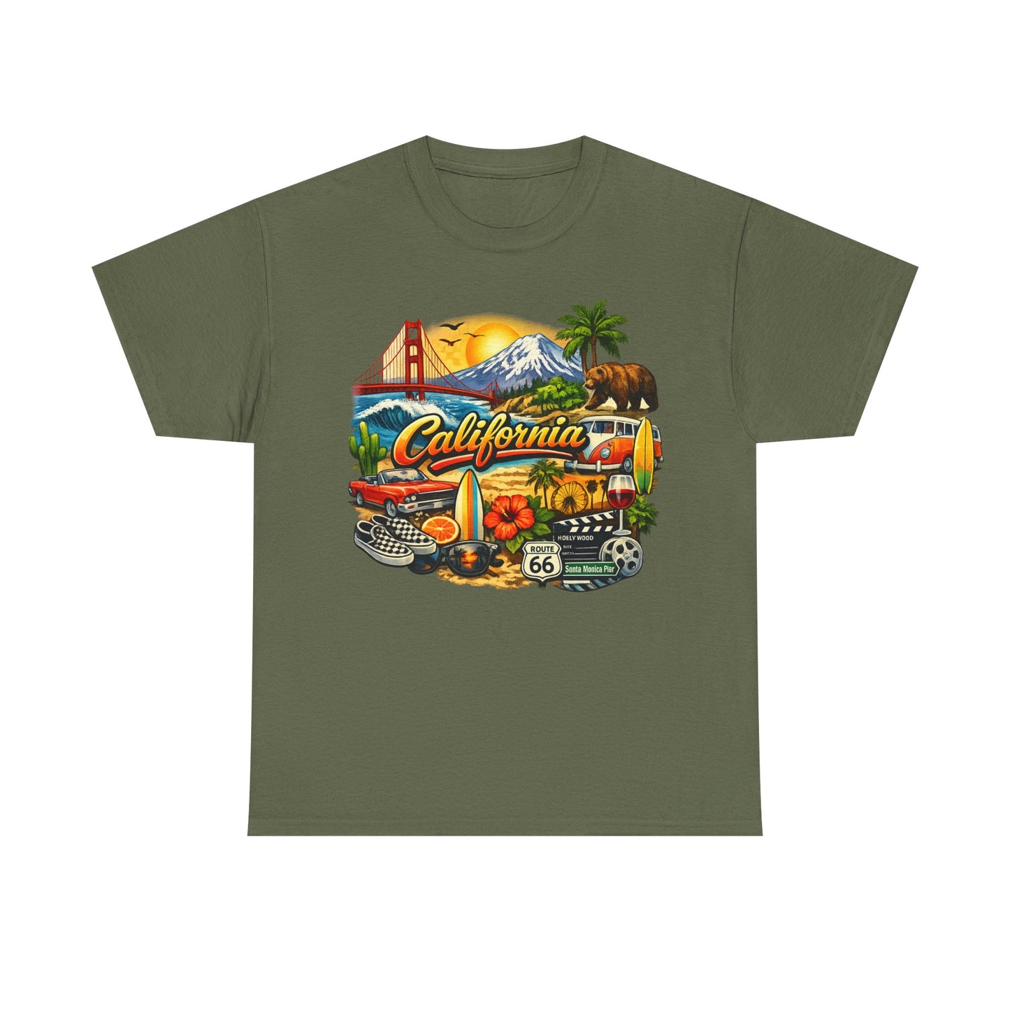 California Vintage Travel T-Shirt — Golden Gate, Palm Trees & Route 66 Tee