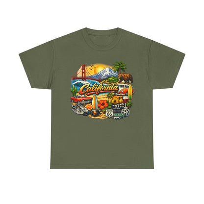 California Vintage Travel T-Shirt — Golden Gate, Palm Trees & Route 66 Tee