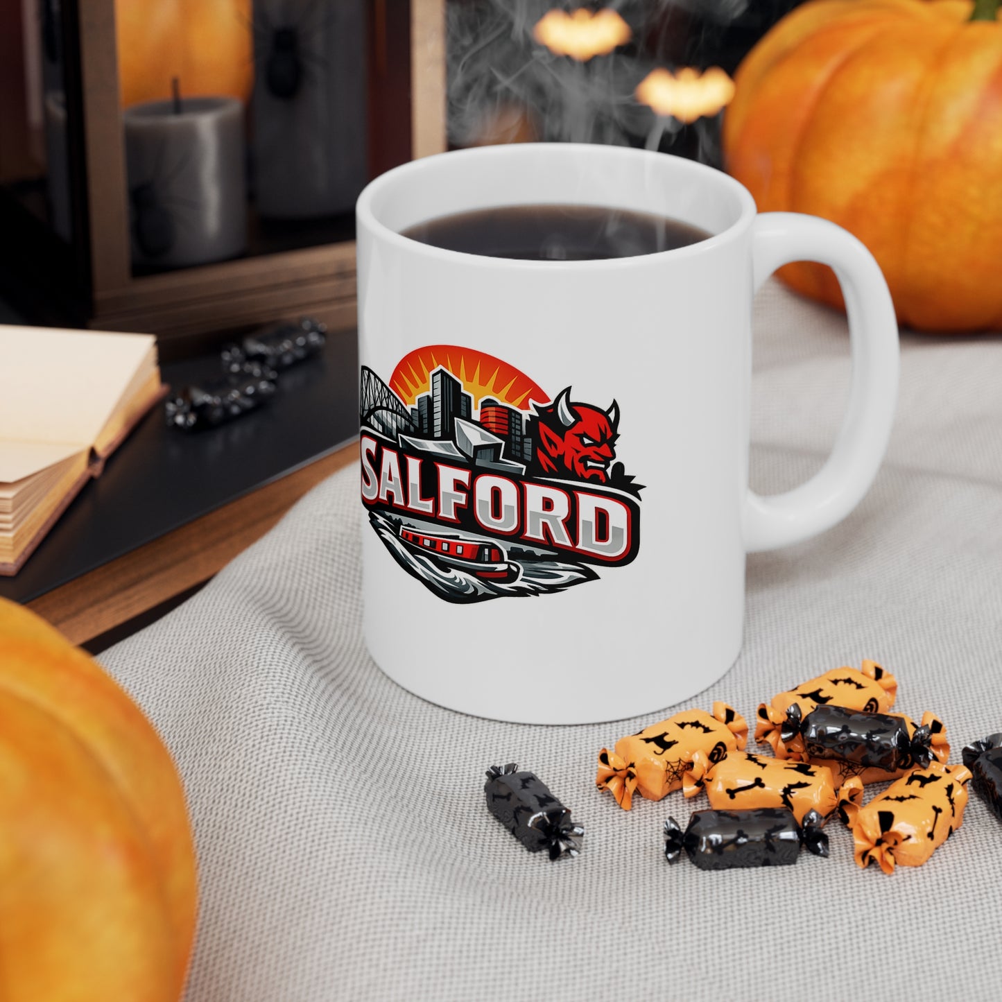 Salford City Skyline Coffee Mug – Devils Logo Ceramic Cup (11oz & 15oz)