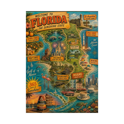 Florida Vintage Travel Poster - Rolled Poster (Welcome to Florida Map & Landmarks)