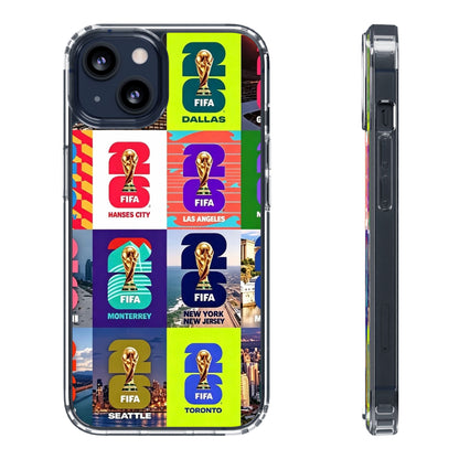 FIFA World Cup Pop Art Clear Phone Case — City Badge Collage (Dallas, LA, Monterrey, Toronto, Seattle)