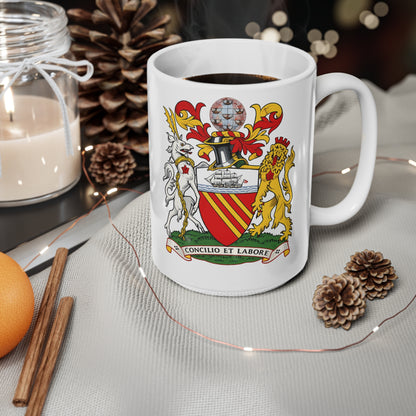 Manchester Coat of Arms Ceramic Coffee Mug — 11oz & 15oz Crest Mug ("Concilio et Labore")