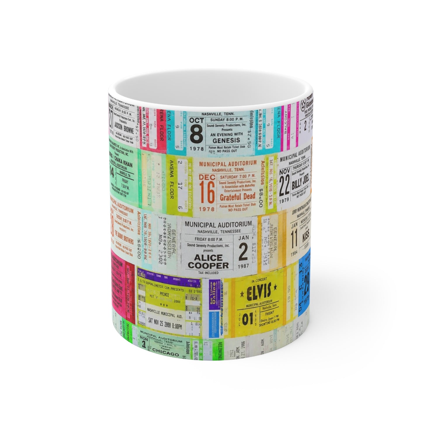 Vintage Concert Ticket Collage Mug — Retro Music Memorabilia Ceramic Coffee Cup