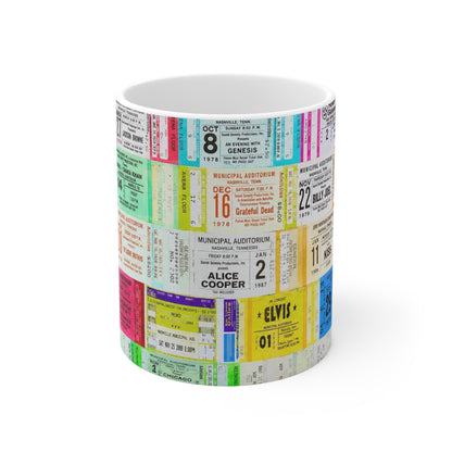 Vintage Concert Ticket Collage Mug — Retro Music Memorabilia Ceramic Coffee Cup
