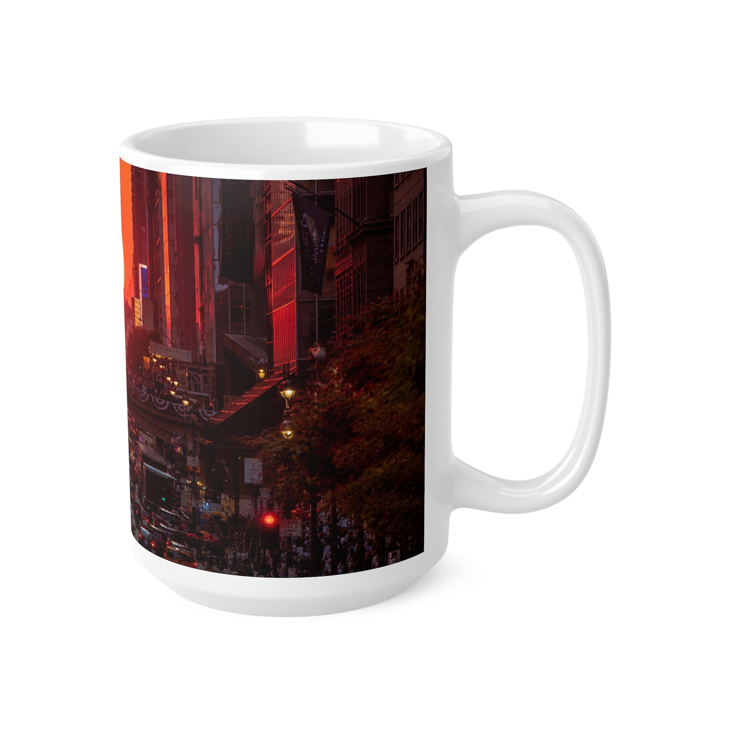 New York City Sunset Traffic Ceramic Coffee Mug — Urban Evening Skyline, 11oz & 15oz