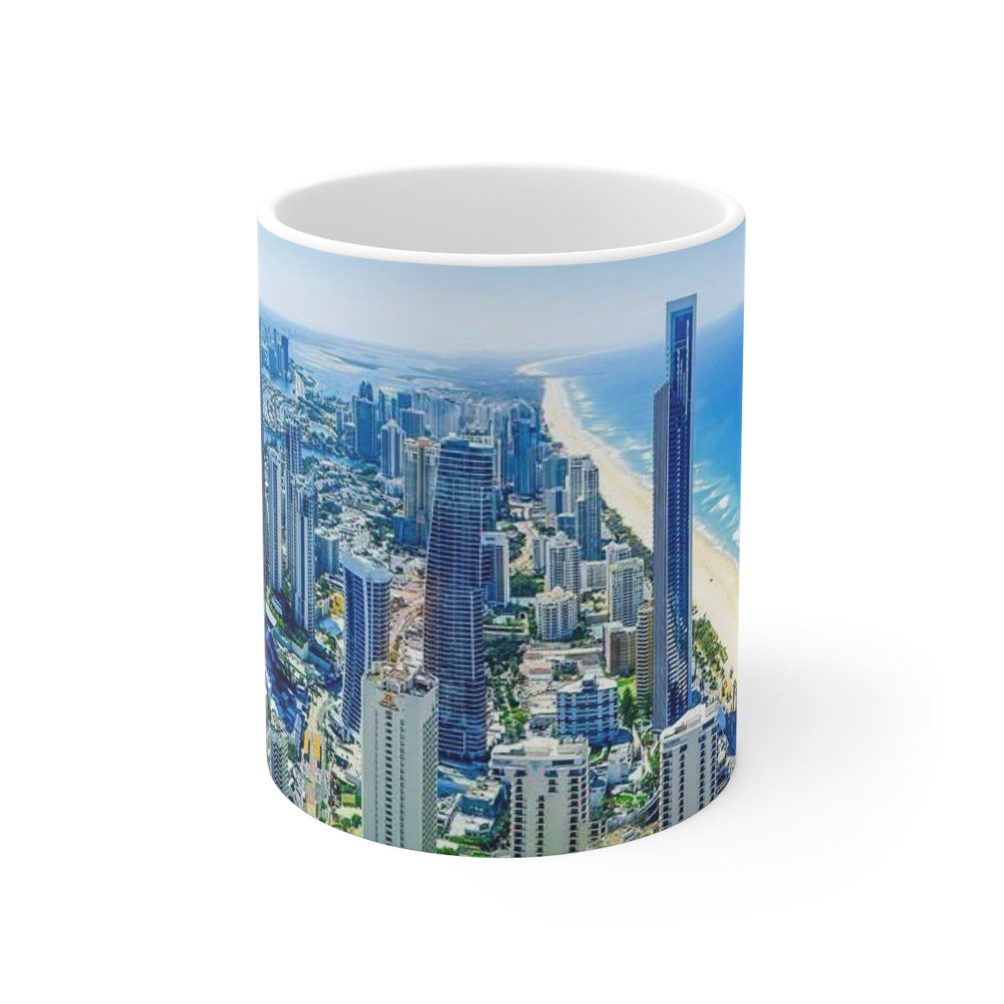 Coastal City Skyline Ceramic Coffee Mug — Aerial Beachfront Cityscape 11oz/15oz