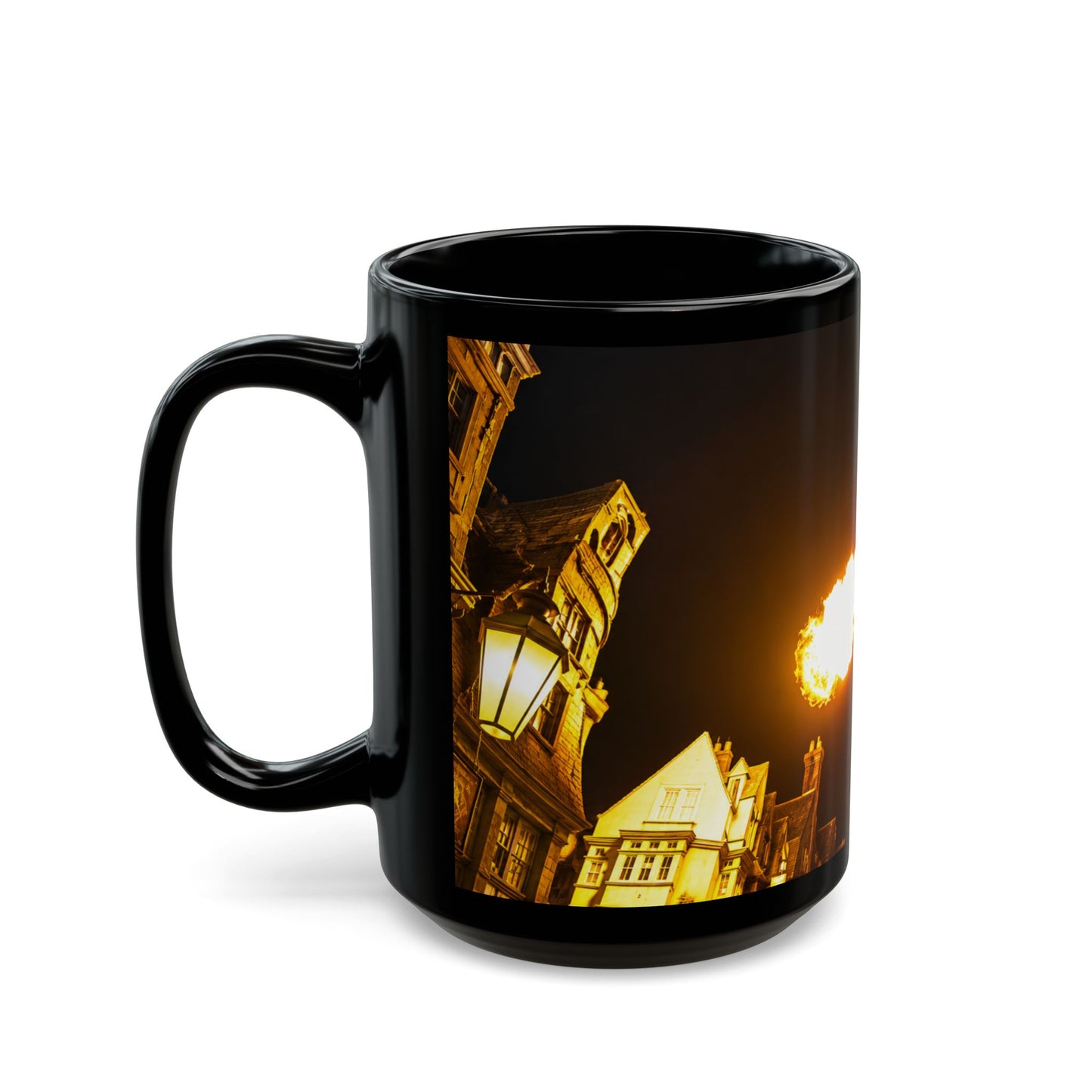 Golden Dragon Fire-Breathing Black Mug — Fantasy Castle Coffee Cup
