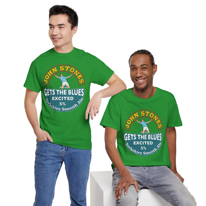 John Stones T-Shirt — "Gets The Blues Excited" Retro Ale Parody Tee
