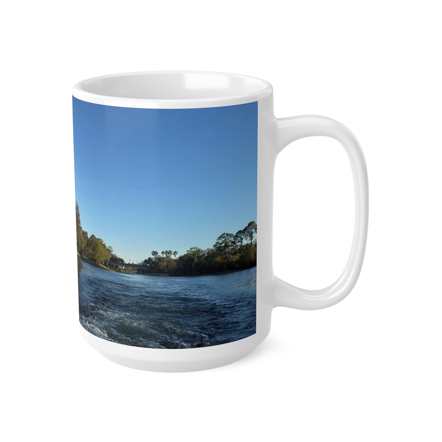 American Flag Waterfront Photo Ceramic Mug — Patriotic 11oz & 15oz Coffee Cup