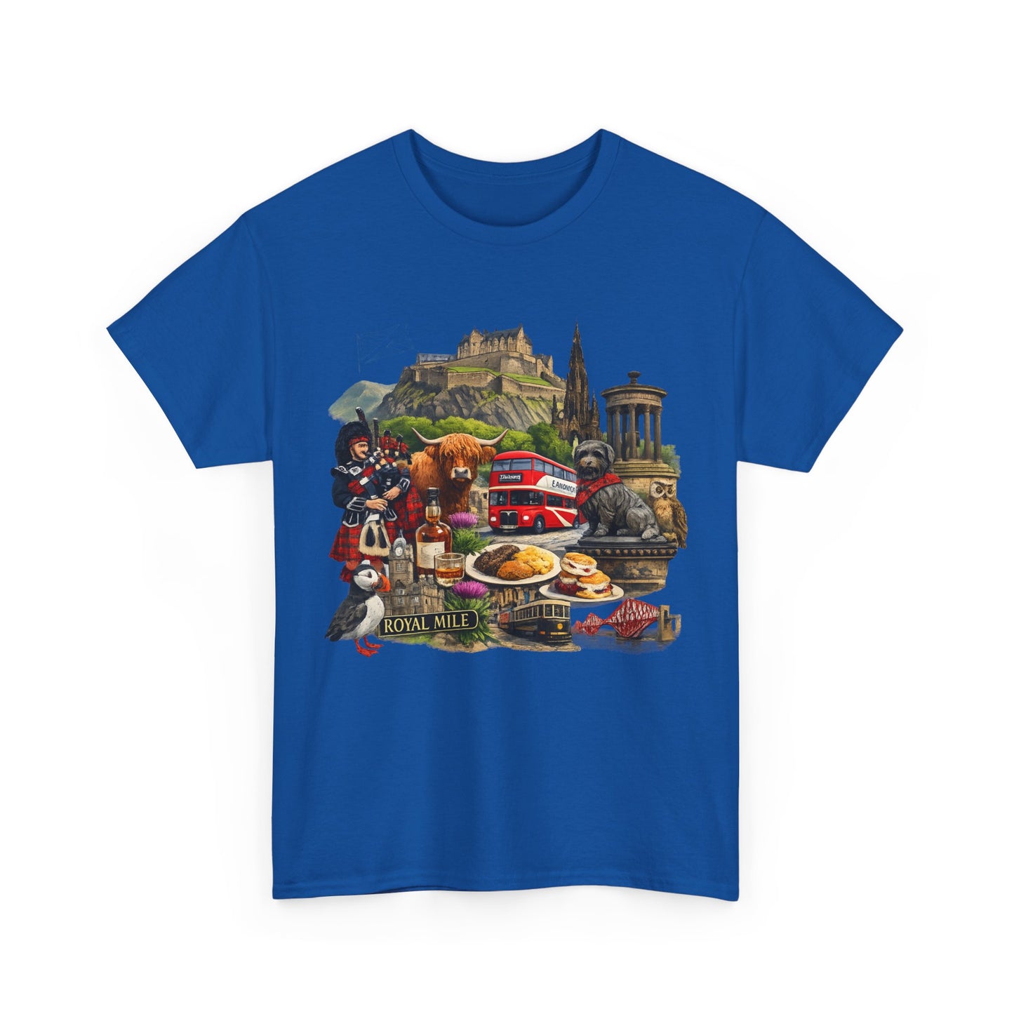 Scotland / Edinburgh Travel Collage T-Shirt — Edinburgh Castle, Bagpipes & Local Icons
