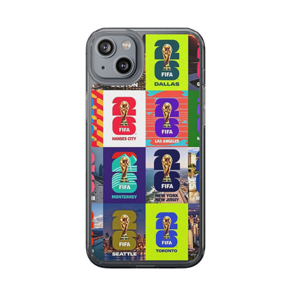 FIFA World Cup Pop Art Clear Phone Case — City Badge Collage (Dallas, LA, Monterrey, Toronto, Seattle)