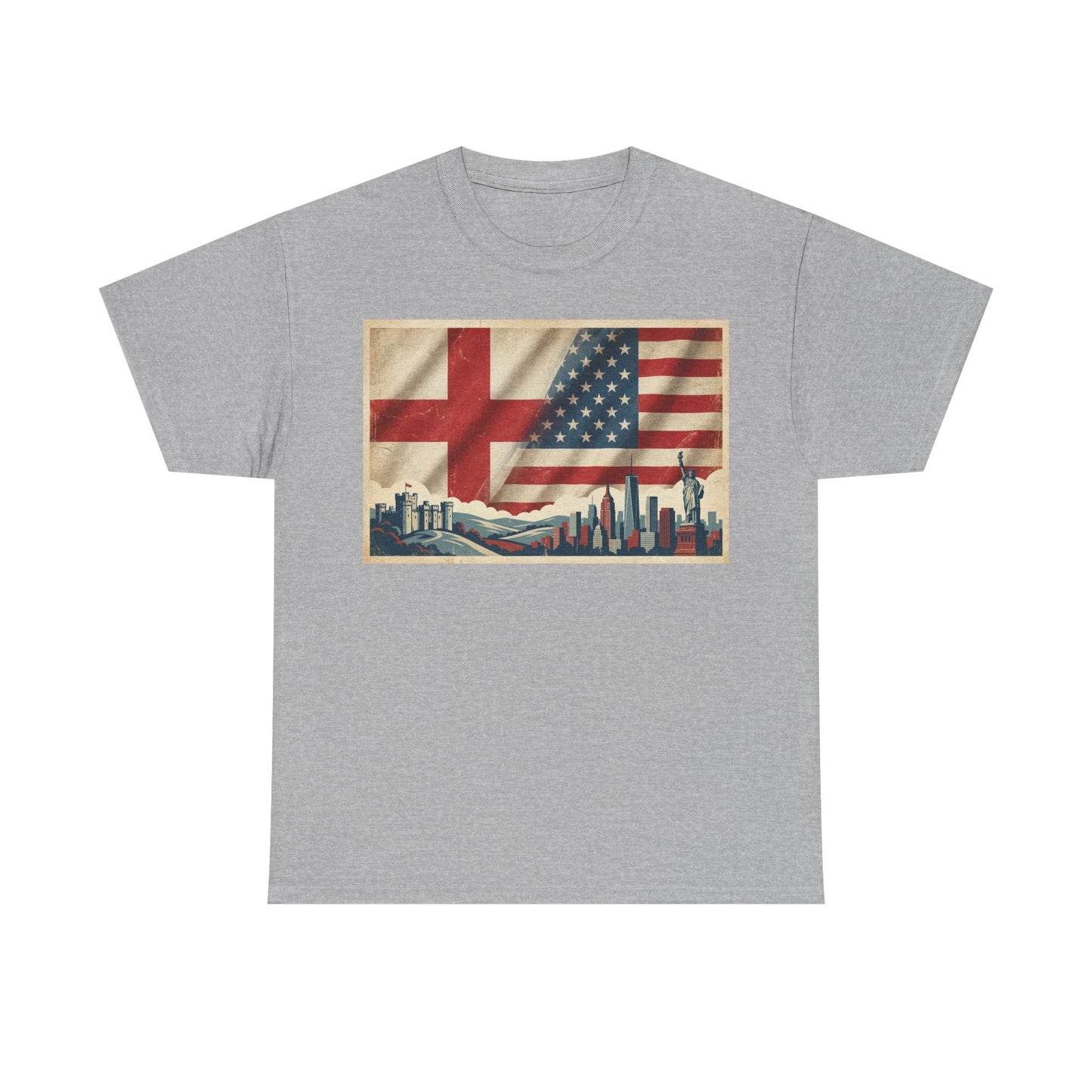 England + USA Flag Skyline T-Shirt — Vintage London & New York City Pride Tee