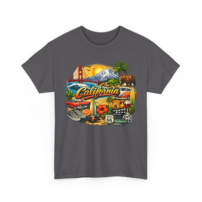 California Vintage Travel T-Shirt — Golden Gate, Palm Trees & Route 66 Tee